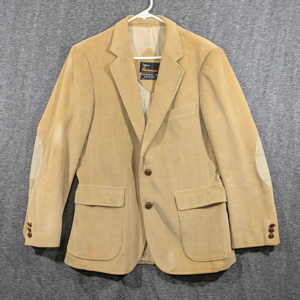 Vintage Richman Beige Corduroy Blazer Sport Coat Leather Elbows Size 40R - As Is
